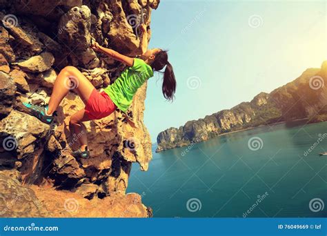 Rock Climber Climbing At Seaside Mountain Rock Stock Image Image Of