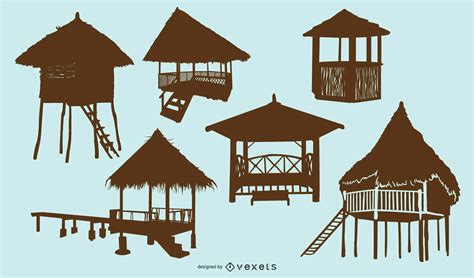 Beach Bamboo Hut Silhouette Set Vector Download