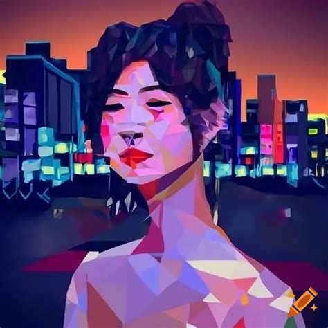 Low Poly Realistic Oil Painting Of A Solitary Japanese Idol In Tokyo At