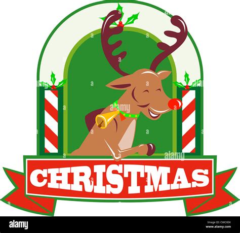 Retro Illustration Of A Reindeer Stag Deer Buck Facing Side Running With Arch In Background Done