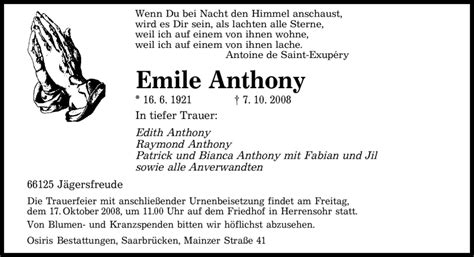 Traueranzeigen Von Emile Anthony Saarbruecker Zeitung Trauer De