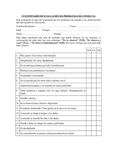 Cuestionario De Evaluacion De Problemas De Conducta Cuestionario De