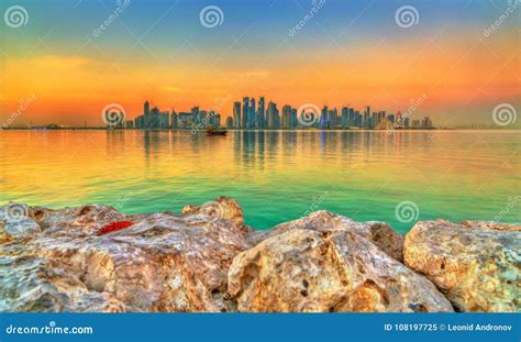 Skyline of Doha at Sunset. the Capital of Qatar Stock Image - Image of ...