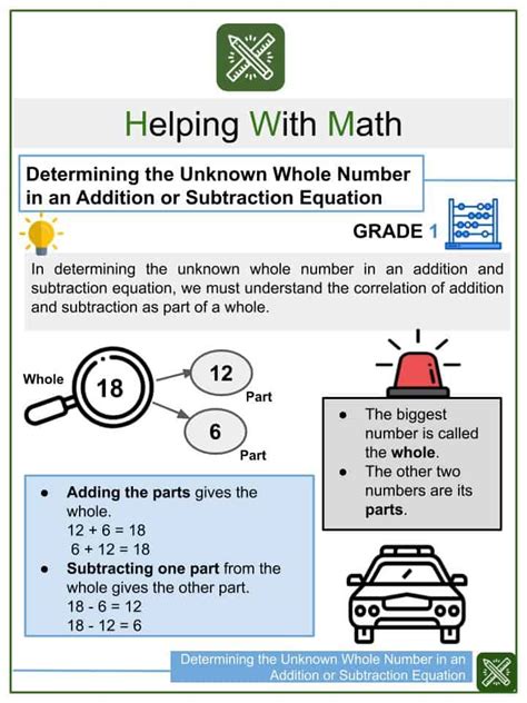 Determining The Unknown Whole Number Grade 1 Math Worksheets