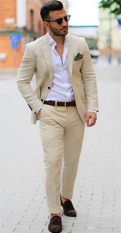 Custom Khaki Linen Groom Tuxedos Wedding Suits For Men Notched Lapel