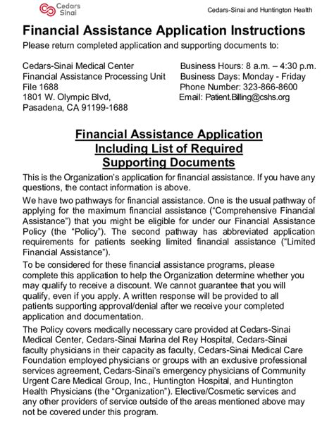 Fillable Online Cedars Sinai Financial Assistance Application English