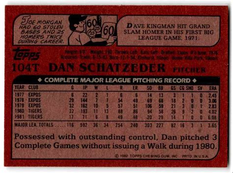 1982 Topps Traded Dan Schatzeder Detroit Tigers 104t Ebay