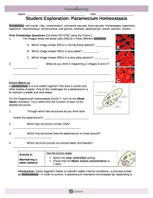 Student Exploration Paramecium Homeostasis Answers Doc Template PdfFiller