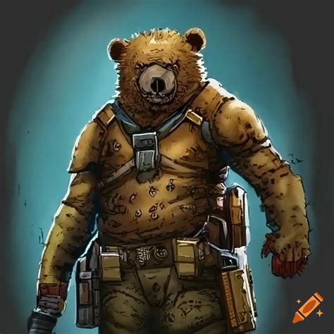 Comic Style Illustration Of A Bear Soldier In A Futuristic Setting