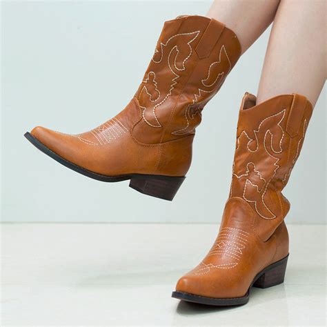 Shesole Ladies Cowboy Cowgirl Boots Mid Western Heel Wide Calf Wedding