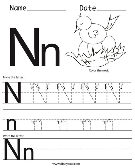 Letter N Writing Worksheet for Kindergarten