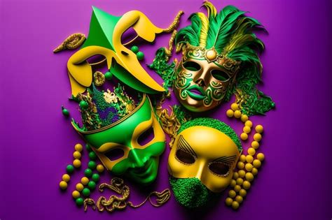 Grupo de máscaras o disfraces de mardi gras venecianos sobre un fondo