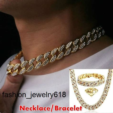 Mm Miami Cuba Chain Mens Hip Hop Diamond Choker Necklace And Bracelet