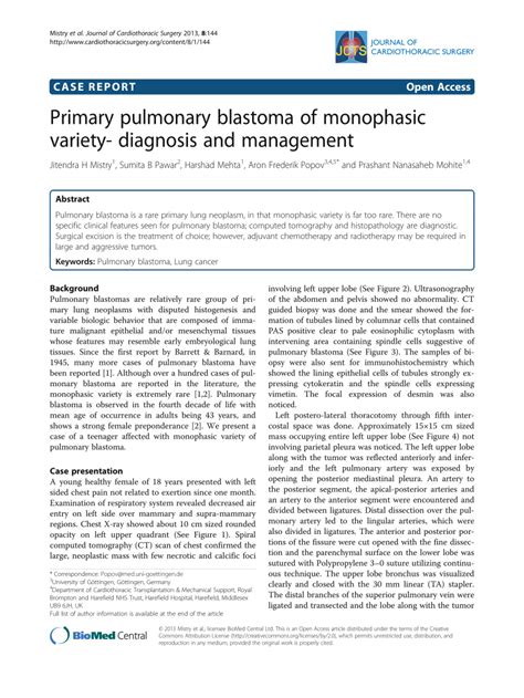 Pdf Primary Pulmonary Blastoma Of Monophasic Variety Diagnosis And