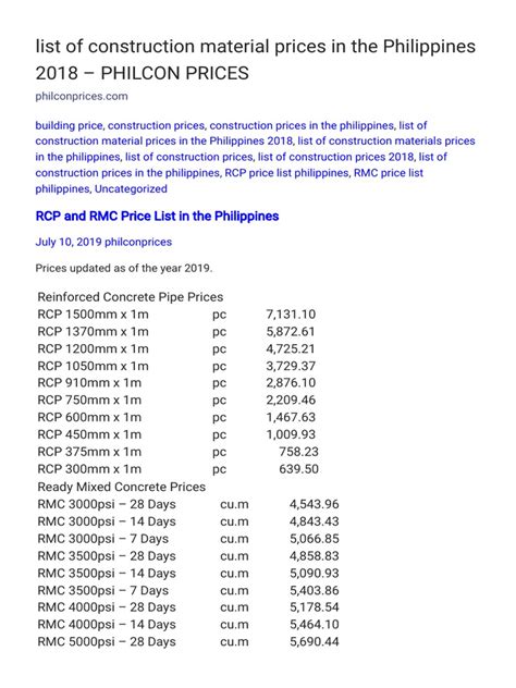 List Of Construction Material Prices In The Philippines 2018 Philcon