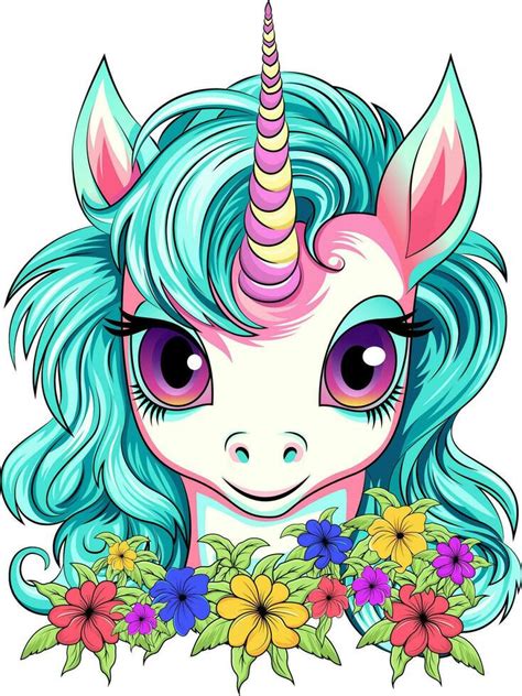 Unicornio Con Flores Linda Unicornio Dibujos Animados Personaje Vector Ilustración 26718574