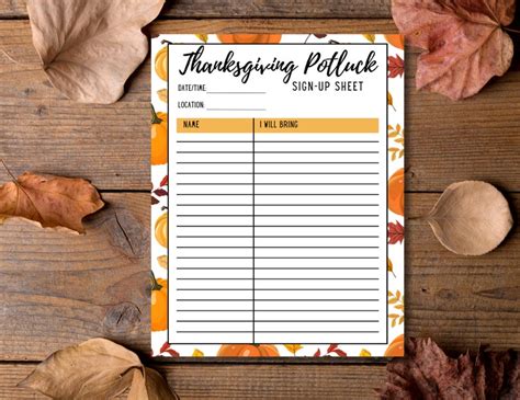 Printable Thanksgiving Potluck Sign Up Sheet Food Sign Up Sheet