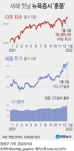 애플 시총 3조달러 테슬라 14↑새해 첫날 뉴욕증시 훈풍 연합뉴스