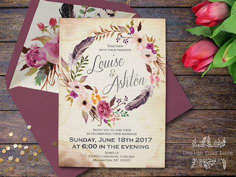 Boho Wedding Invitation Printable Watercolor Floral Wedding