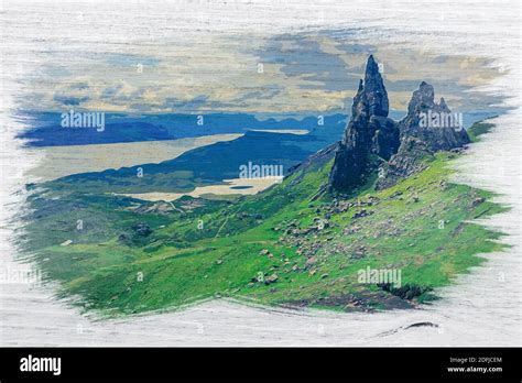 Green Old Man Of Storr In Scotland Watercolor Painting Europe Stock