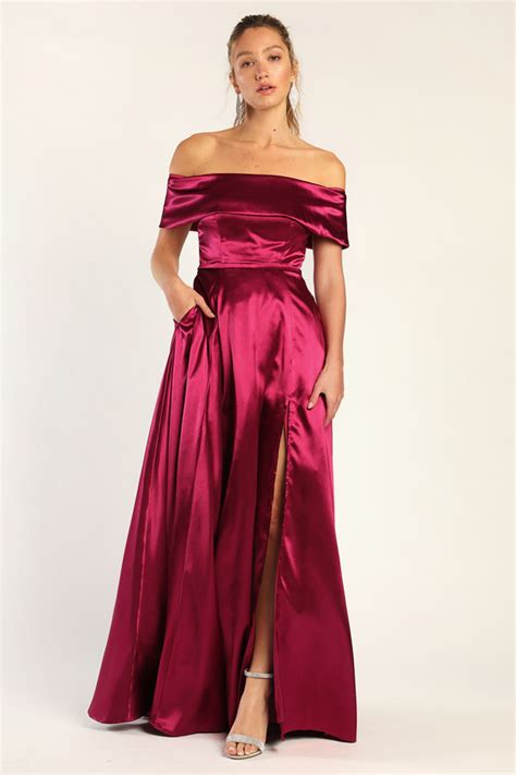 Berry Pink Dress Satin Maxi Dress Off The Shoulder Dress Lulus