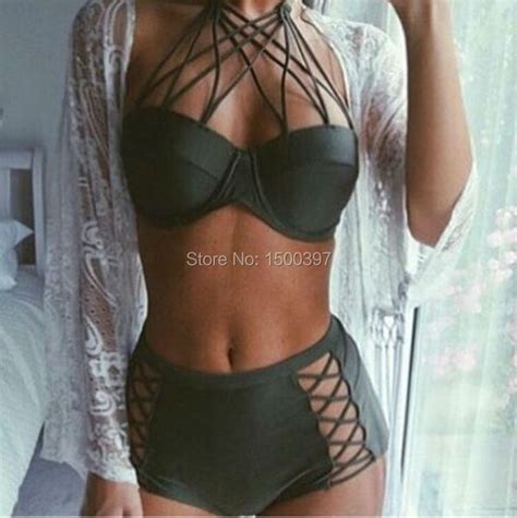 2017 Black Criss Cross Strappy Bikini Sexy Push Up Mesh String Swimwear