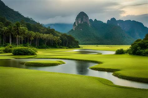 Premium Photo A Green Golf Course With Mountains In The Background