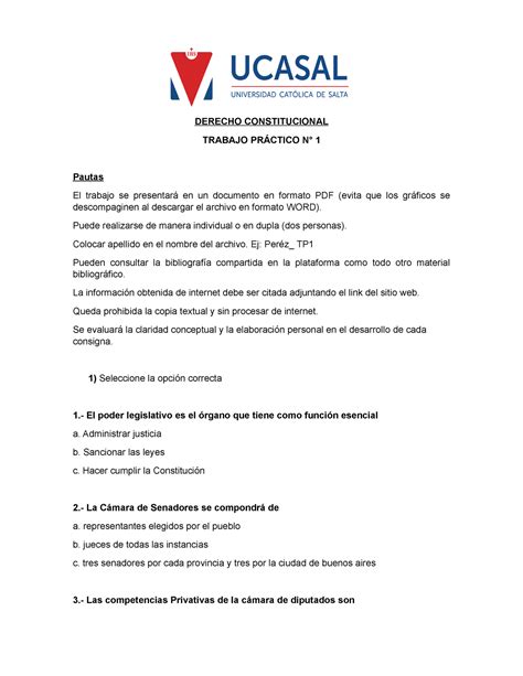 Derecho Constitucional Trabajo Practico 1 Derecho Constitucional Trabajo PrÁctico N° 1 Pautas