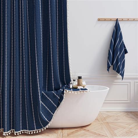 BTTN Boho Farmhouse Shower Curtain Linen Rustic Weighted Striped