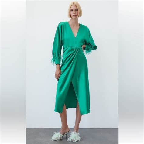 Zara Dresses Zara Green Feathered Satin Effect Midi Dress Poshmark