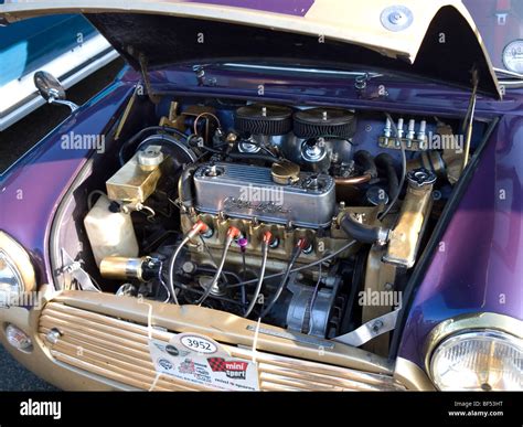 The Engine Compartment Of A Modified Austin Mini Custom Car At The