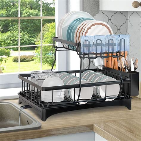 Niuxx Large Dishes Drying Rack Drainboard Set 2 Tiers Stainless Steel Drainers Holder With