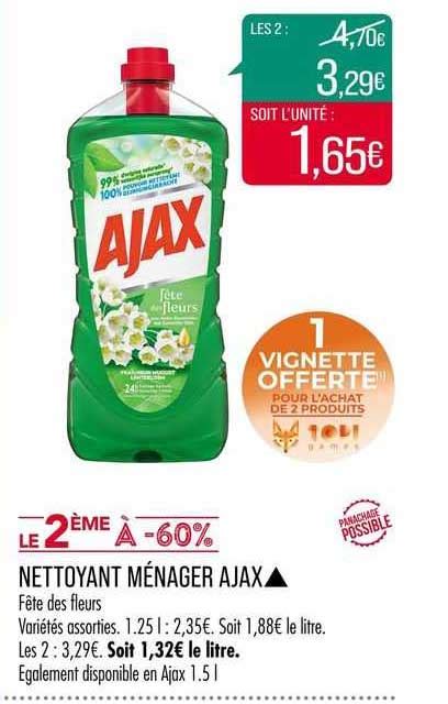 Promo Nettoyant Ménager Ajax Le 2ème à 60 chez Match iCatalogue fr