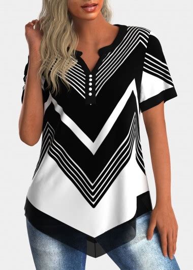 Rotita Geometric Print Multi Color Split Neck Short Sleeve Blouse