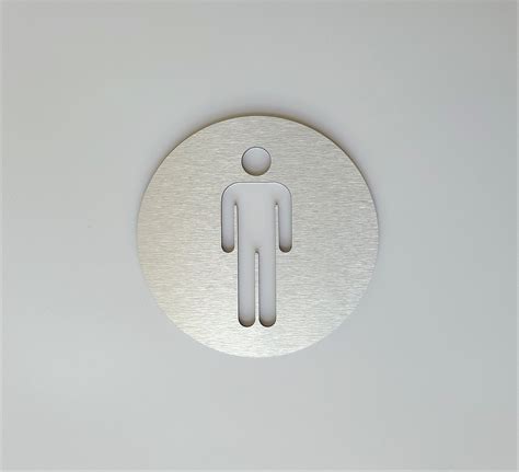 Male bathroom sign. Metal restroom door sign. Men's toilet. Modern business signage. Gold. Silver.