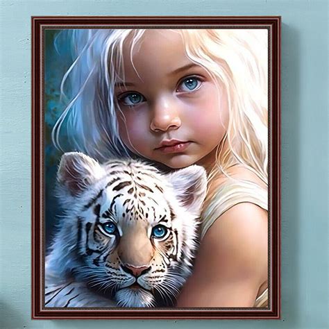 L 5D DIY Full Round Drill Diamond Painting White Tiger Girl Decor