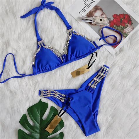 Shiny Rhinestone Bikini Set Solid Blue Push Up Hollow Out Bandage High