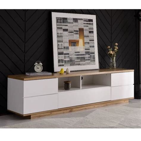 Meuble TV Moderne Blanc En Bois 5 Portes 8 Compartiments Armoire De