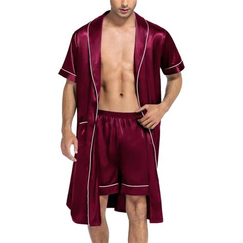 Swomog Mens Satin Robe With Shorts Set Silky Short Sleeve Kimono