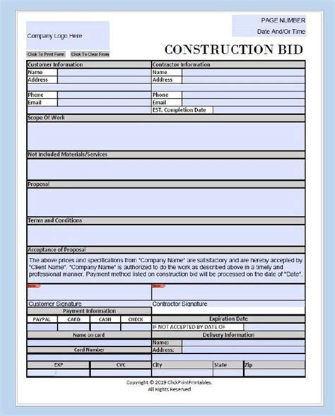 Printable Construction Bid Template