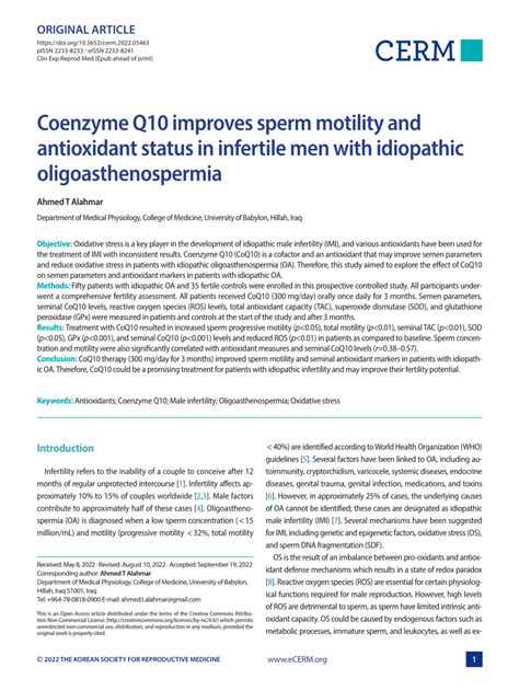 Pdf Coenzyme Q10 Improves Sperm Motility And Antioxidant Status In