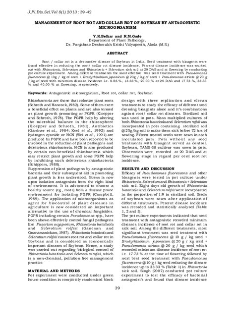 Pdf 39 Management Of Root Rot And Collar Rot Of Soybean By Antagonistic Microorganism