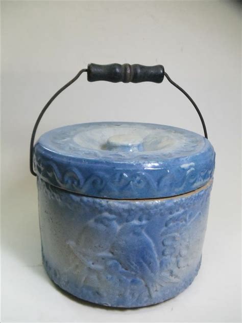 Early 1900s Bird Butter Blue White Stoneware Salt Glaze Pot Crock