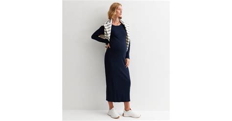 Maternity Navy Ribbed Jersey Long Sleeve Bodycon Midaxi Dress New Look