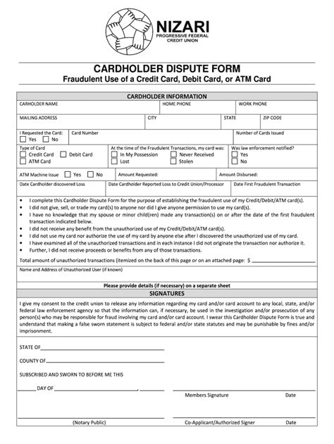 Fillable Online Cardholder Dispute Form Nizari Progressive Federal Credit Fax Email Print