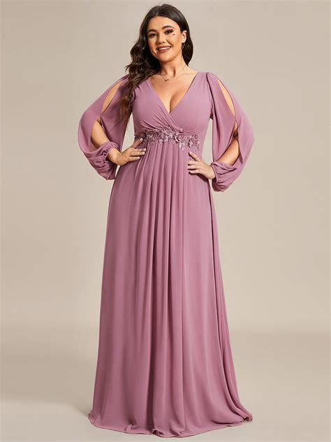 Evening Dress Appliqued Plus Size Chiffon Maxi With Long Lantern