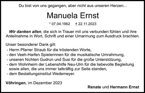 Traueranzeigen Von Manuela Ernst Augsburger Allgemeine Zeitung