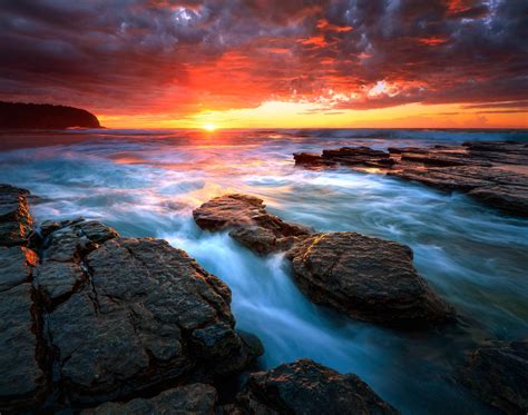 Wallpaper Sunset Sea Rock Shore Sunrise Evening Morning Coast