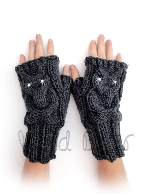 Knit Owl Cable Fingerless Gloves Charcoal Or 44 Colors Grey Arm Warmers Crystal Eyes Owl