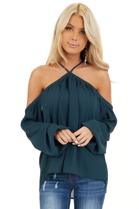 Deep Teal Cold Shoulder Top With Halter Strap Detail Front Close Up